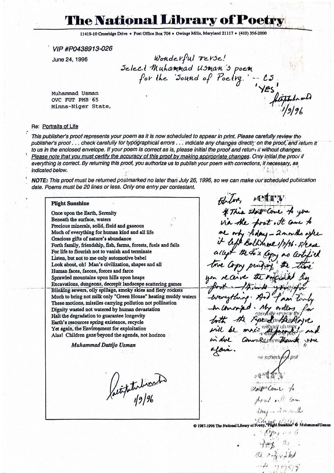 Original publisher proof of Plight Sunshine